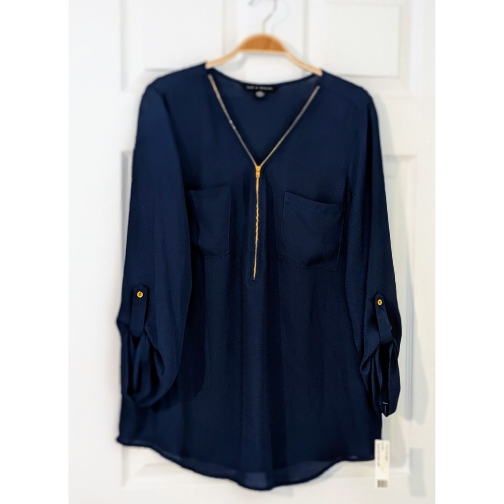 Zac & Rachel Womens Navy Blue Long Sleeve Blouse Gold Zipper Roll Large NWT